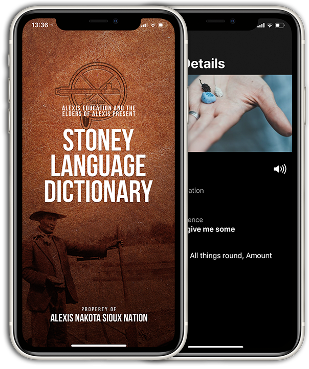 The Stoney Language mobile app displayed on 2 devices