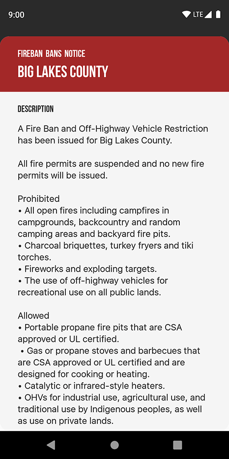Alberta Fire Bans app's description screen