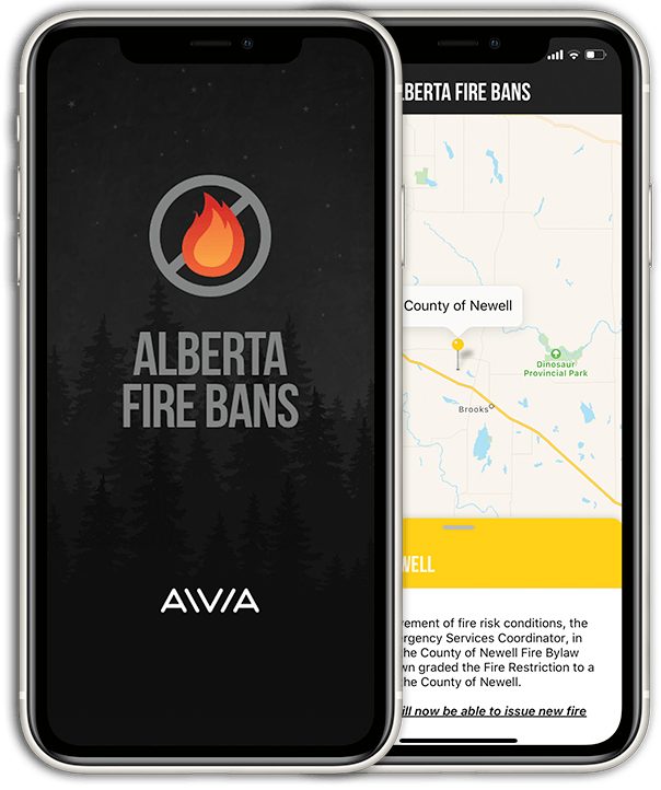 Alberta Fire Bans iOS/Android app displayed on 2 phones