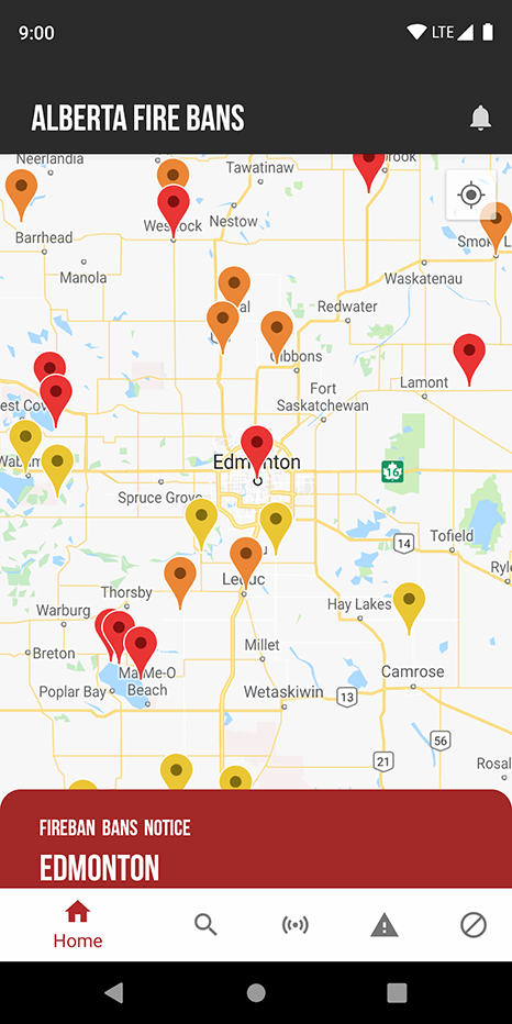 Alberta Fire Bans app's map display