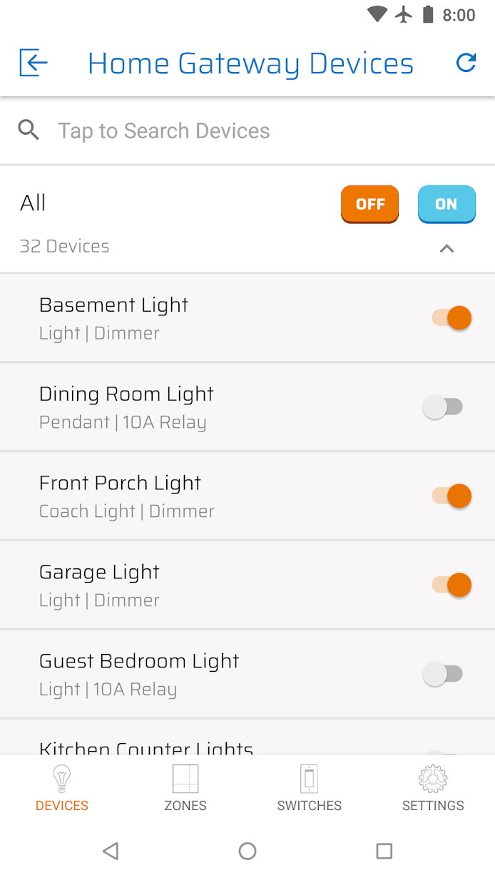 Screenshot of the Levven Controls app showing home devices