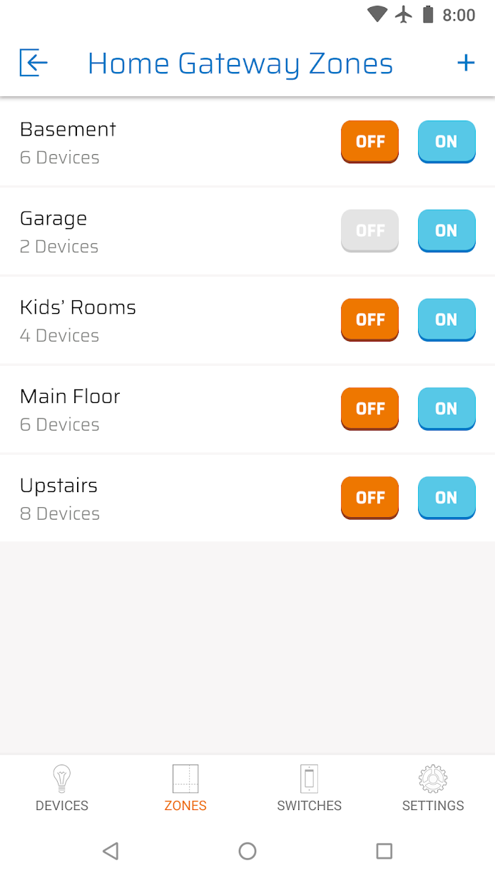 Screenshot of Levven mobile application with device zones