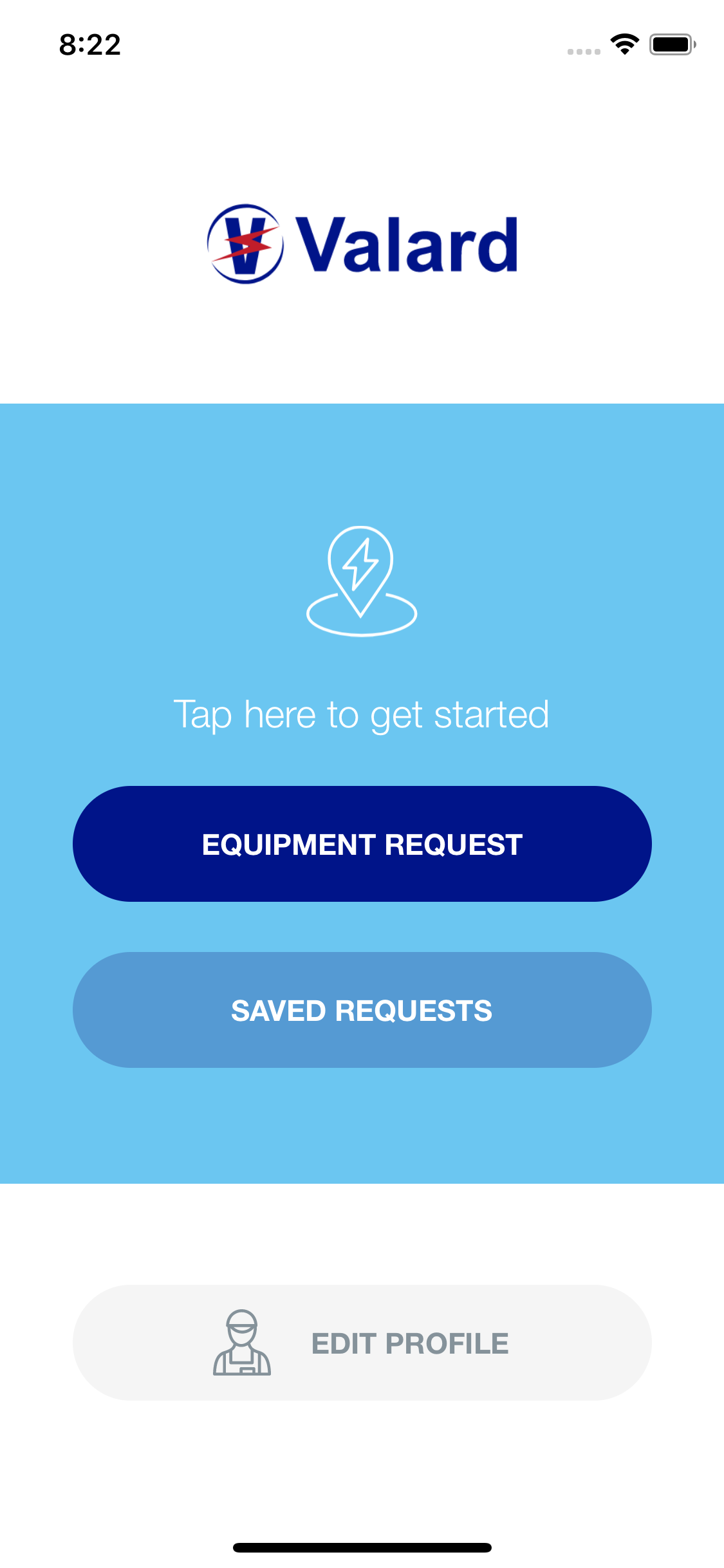 Valard Equipment Request Mobile App Login Screen